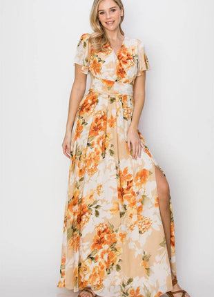 HYFVE Floral Tie Back Short Sleeve Slit Maxi Dress - MimiStylez