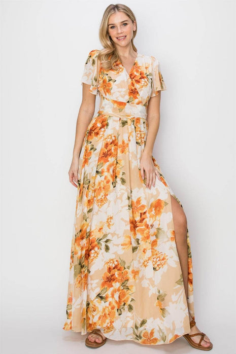 HYFVE Floral Tie Back Short Sleeve Slit Maxi Dress - MimiStylez