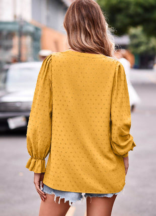Swiss Dot Notched Neck Flounce Sleeve Blouse - MimiStylez