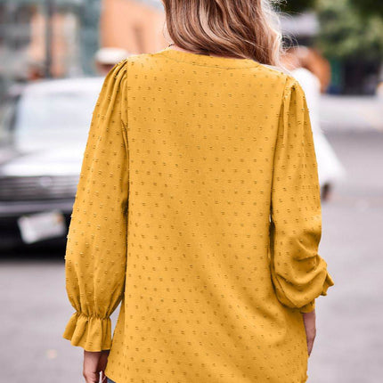 Swiss Dot Notched Neck Flounce Sleeve Blouse - MimiStylez