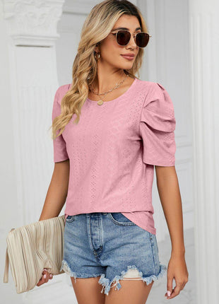 Eyelet Puff Sleeve Round Neck Blouse - MimiStylez