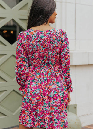 Floral Smocked V-Neck Flounce Sleeve Dress - MimiStylez