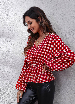 Plaid V-Neck Balloon Sleeve Peplum Blouse - MimiStylez