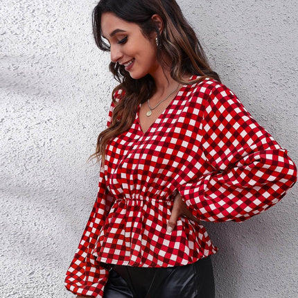 Plaid V-Neck Balloon Sleeve Peplum Blouse - MimiStylez