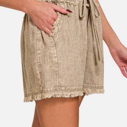 Zenana Washed Linen Frayed Hem Drawstring Shorts - MimiStylez