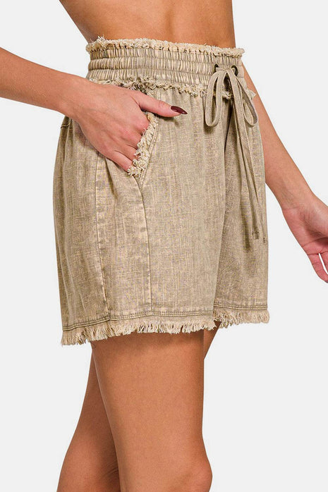 Zenana Washed Linen Frayed Hem Drawstring Shorts - MimiStylez