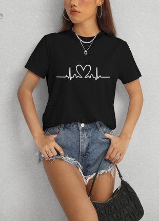 Heart Round Neck Short Sleeve T-Shirt - MimiStylez
