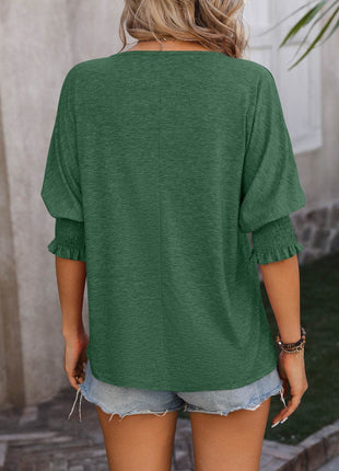 Heathered Notched Lantern Sleeve Blouse - MimiStylez