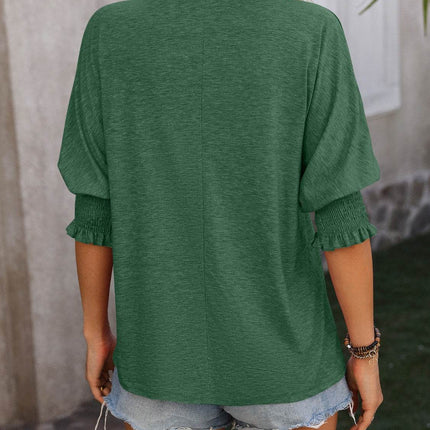 Heathered Notched Lantern Sleeve Blouse - MimiStylez