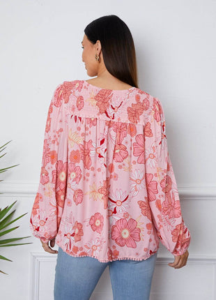 Floral Smocked Tassel Tie Balloon Sleeve Blouse - MimiStylez