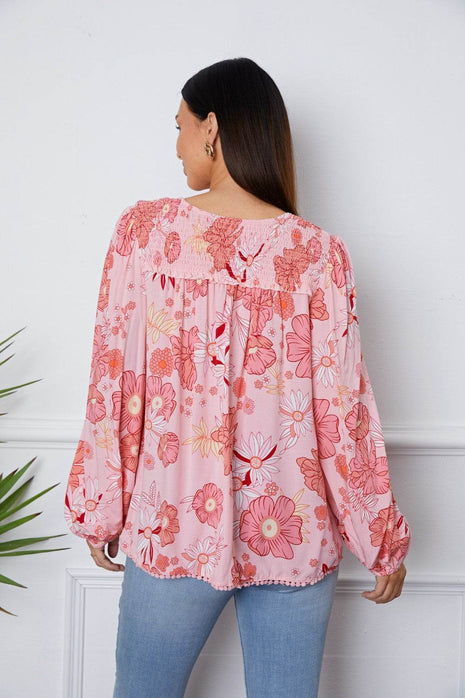 Floral Smocked Tassel Tie Balloon Sleeve Blouse - MimiStylez