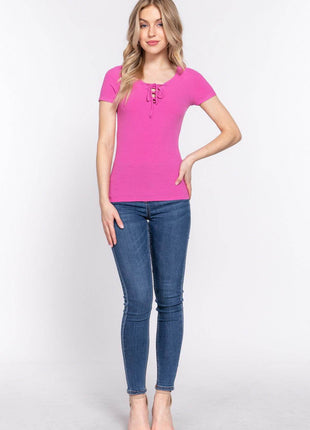 ACTIVE BASIC Lace Up Short Sleeve Rib Knit T-Shirt - MimiStylez