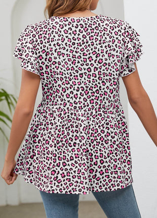 Leopard Round Neck Flutter Sleeve Babydoll Blouse - MimiStylez