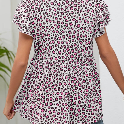 Leopard Round Neck Flutter Sleeve Babydoll Blouse - MimiStylez