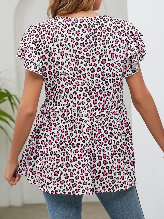 Leopard Round Neck Flutter Sleeve Babydoll Blouse - MimiStylez