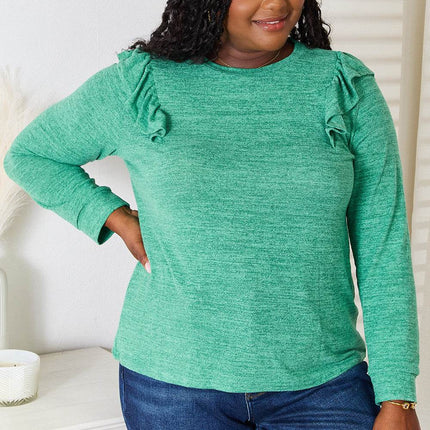 Double Take Ruffle Shoulder Long Sleeve T-Shirt - MimiStylez