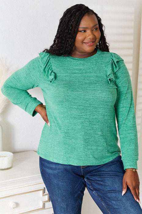 Double Take Ruffle Shoulder Long Sleeve T-Shirt - MimiStylez