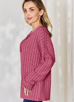 Basic Bae Full Size Ribbed Half Button Long Sleeve T-Shirt - MimiStylez