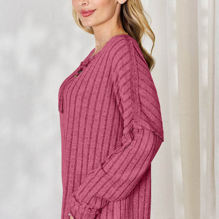 Basic Bae Full Size Ribbed Half Button Long Sleeve T-Shirt - MimiStylez