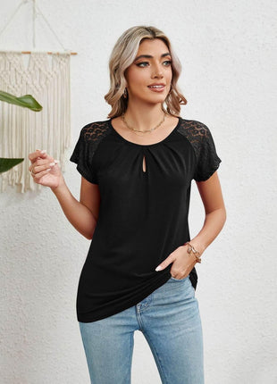 Lace Detail Round Neck Short Sleeve T-Shirt - MimiStylez