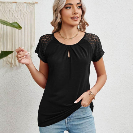 Lace Detail Round Neck Short Sleeve T-Shirt - MimiStylez