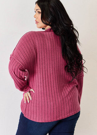 Basic Bae Full Size Ribbed Half Button Long Sleeve High-Low T-Shirt - MimiStylez