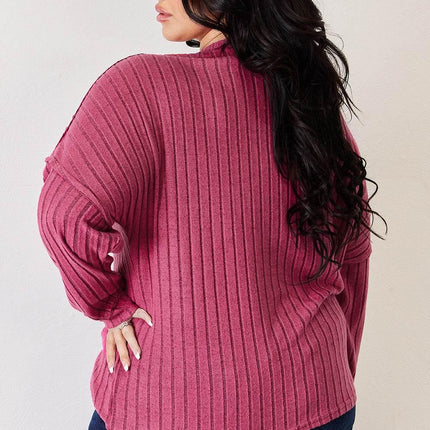 Basic Bae Full Size Ribbed Half Button Long Sleeve High-Low T-Shirt - MimiStylez