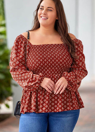 Plus Size Square Neck Balloon Sleeve Peplum Blouse - MimiStylez