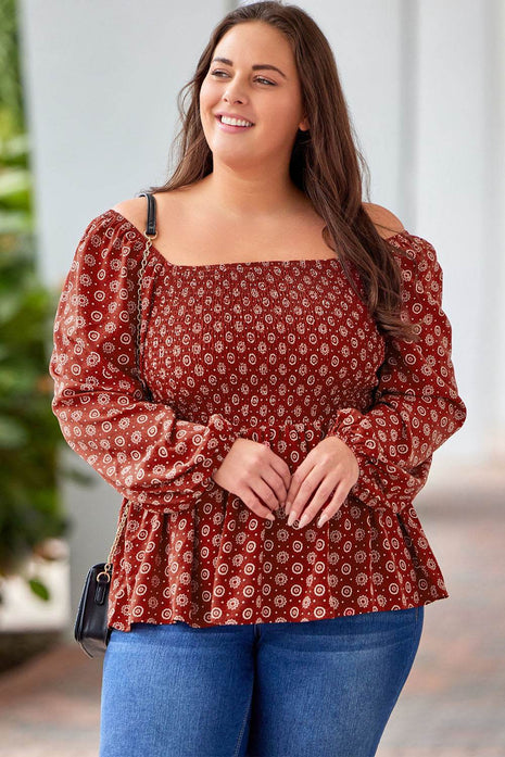 Plus Size Square Neck Balloon Sleeve Peplum Blouse - MimiStylez