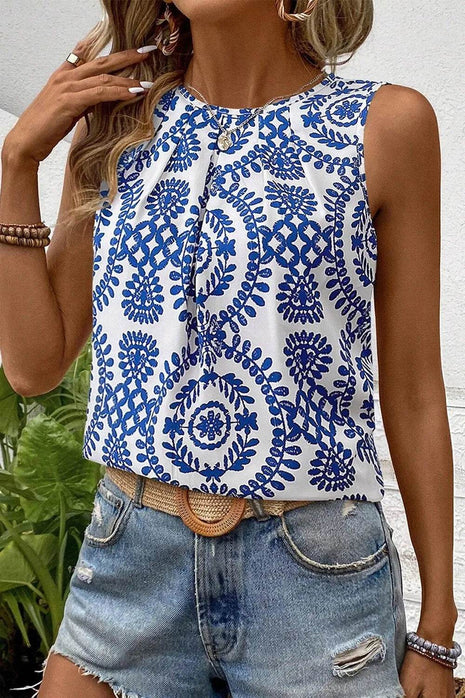 Printed Crew Neck Sleeveless Top - MimiStylez
