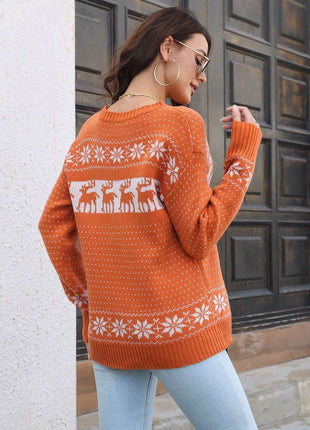 Reindeer & Snowflake Pattern Dropped Shoulder Pullover Sweater - MimiStylez