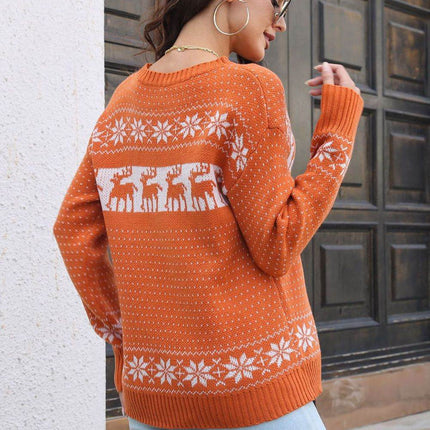 Reindeer & Snowflake Pattern Dropped Shoulder Pullover Sweater - MimiStylez