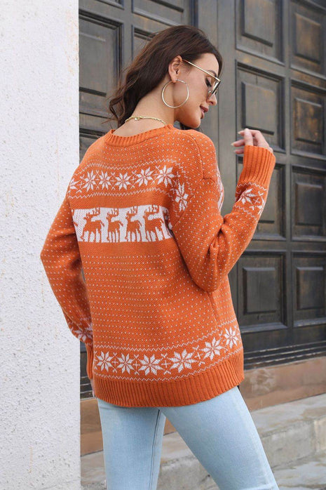 Reindeer & Snowflake Pattern Dropped Shoulder Pullover Sweater - MimiStylez