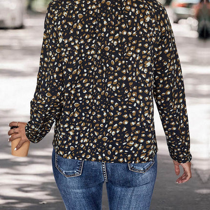 Printed Tie Neck Long Sleeve Top - MimiStylez