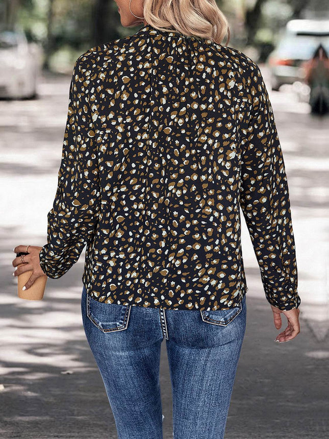 Printed Tie Neck Long Sleeve Top - MimiStylez