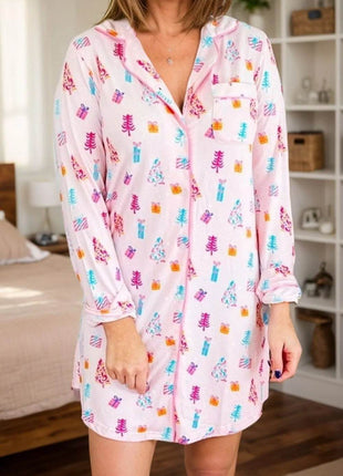 Printed Collared Neck Long Sleeve Lounge Dress - MimiStylez