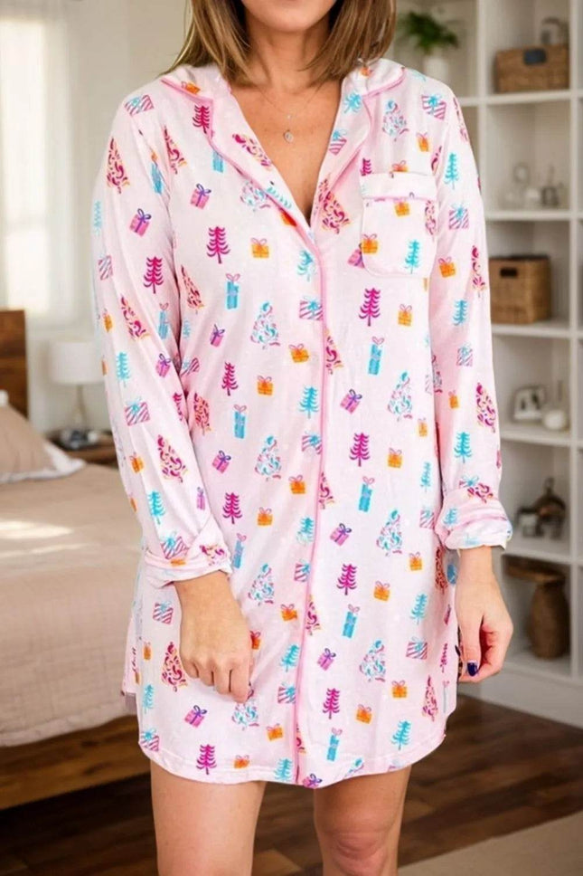 Printed Collared Neck Long Sleeve Lounge Dress - MimiStylez