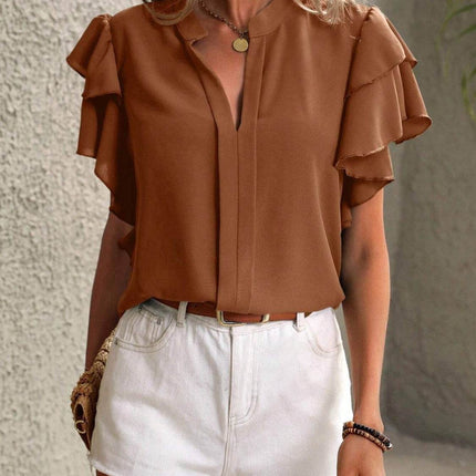 Ruffled Notched Short Sleeve Blouse - MimiStylez