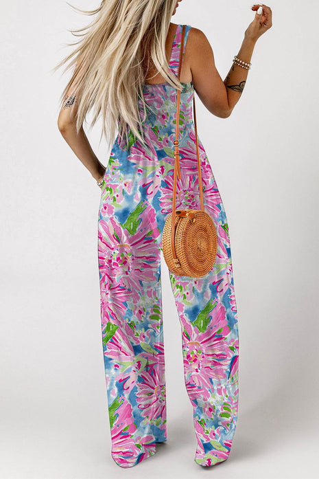 Floral Smocked Square Neck Jumpsuit with Pockets - MimiStylez