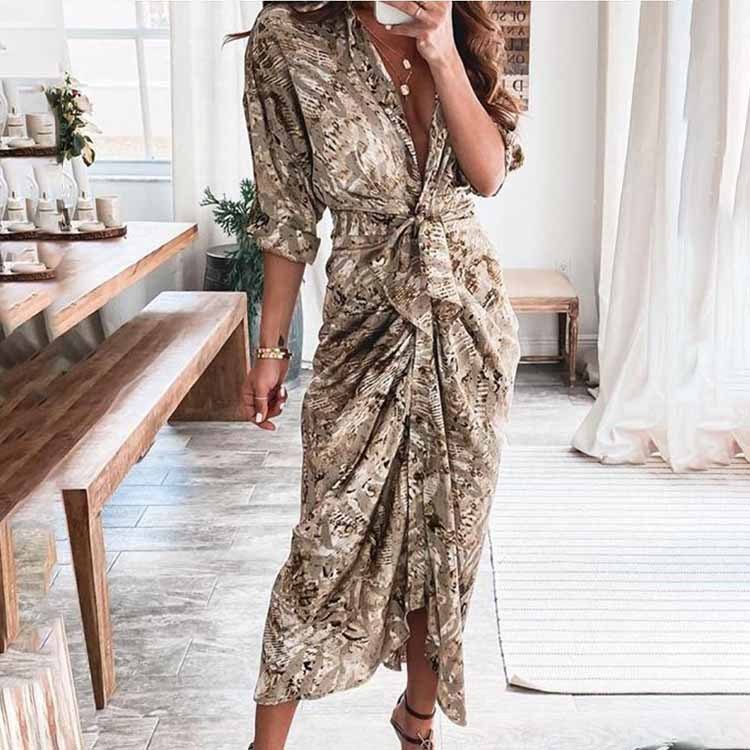 Sexy Printed Pleated Irregular Tie Dress