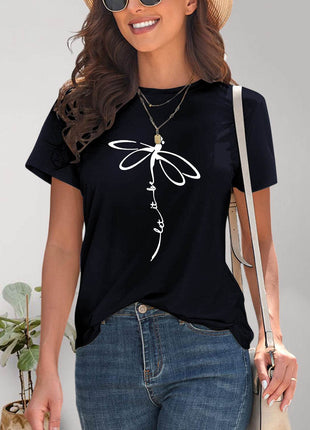Dragonfly Graphic Round Neck Short Sleeve T-Shirt - MimiStylez