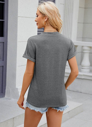Decorative Button Notched Short Sleeve T-Shirt - MimiStylez