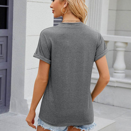 Decorative Button Notched Short Sleeve T-Shirt - MimiStylez