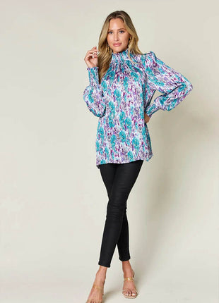 Double Take Full Size Printed Smocked Long Sleeve Blouse - MimiStylez