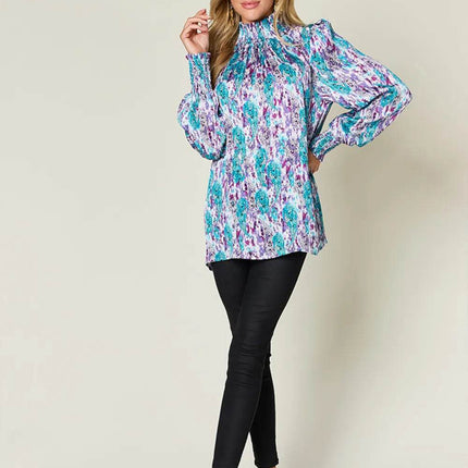 Double Take Full Size Printed Smocked Long Sleeve Blouse - MimiStylez
