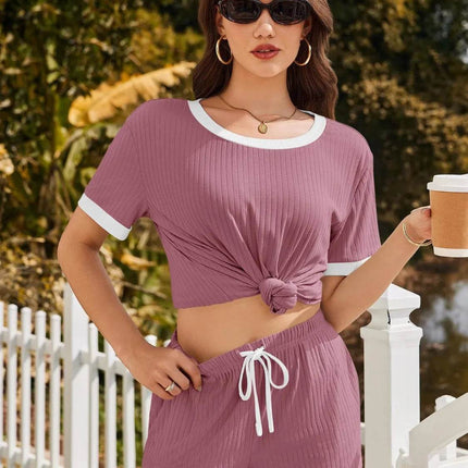 Ribbed Short Sleeve Top and Shorts Set - MimiStylez