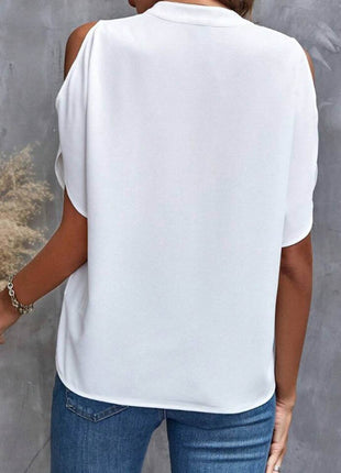 Notched Cold Shoulder Half Sleeve Blouse - MimiStylez