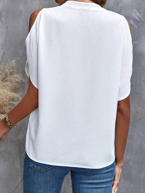 Notched Cold Shoulder Half Sleeve Blouse - MimiStylez