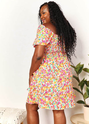 Smocked Sweetheart Neck Flounce Sleeve Mini Dress - MimiStylez