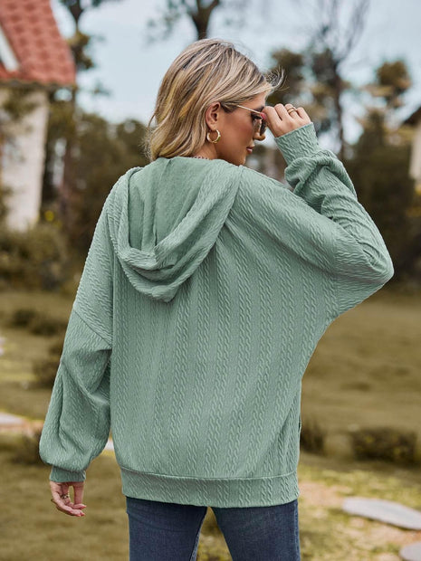 Zip Up Drawstring Long Sleeve Hooded Jacket - MimiStylez